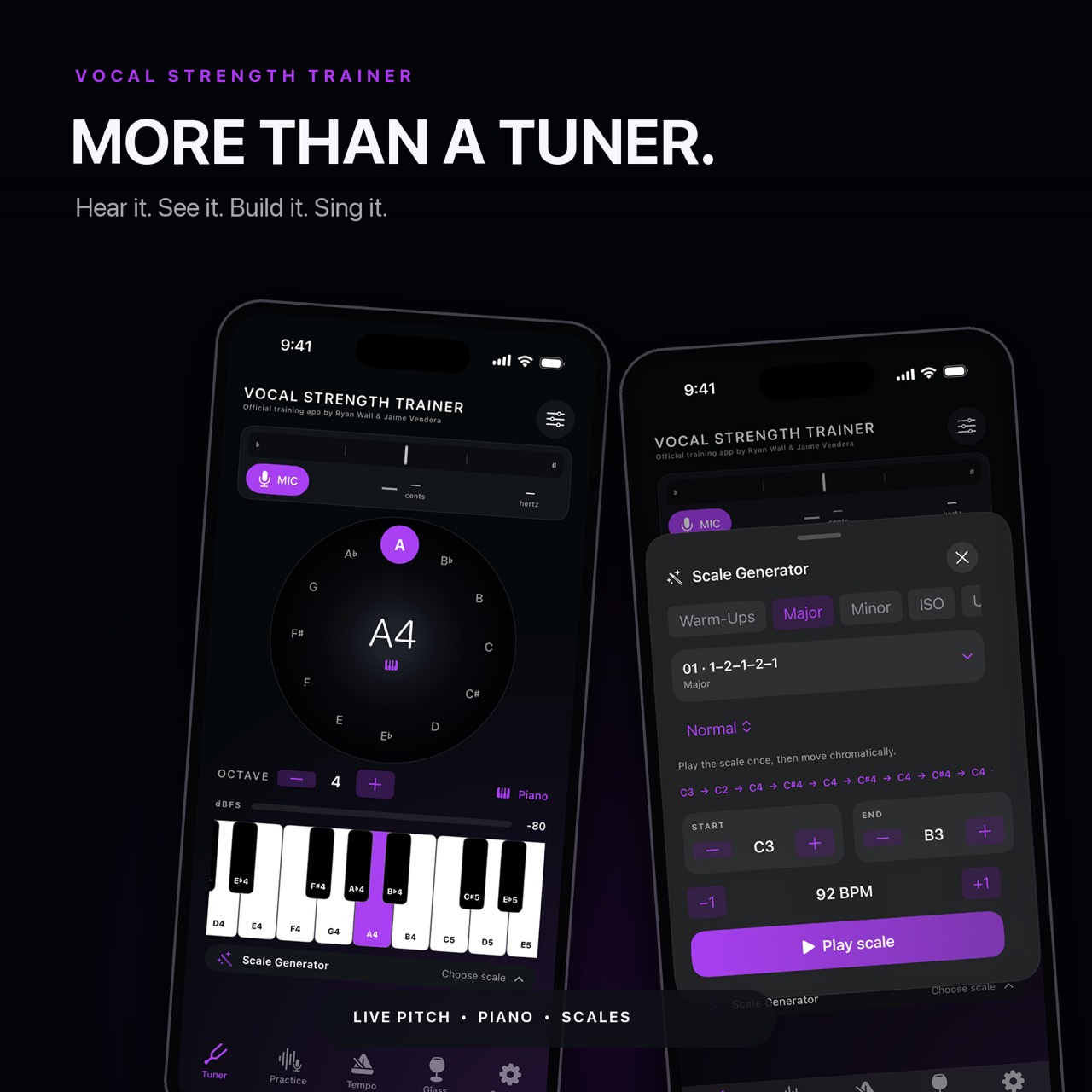 Vocal Strength Trainer tuner and scale generator preview