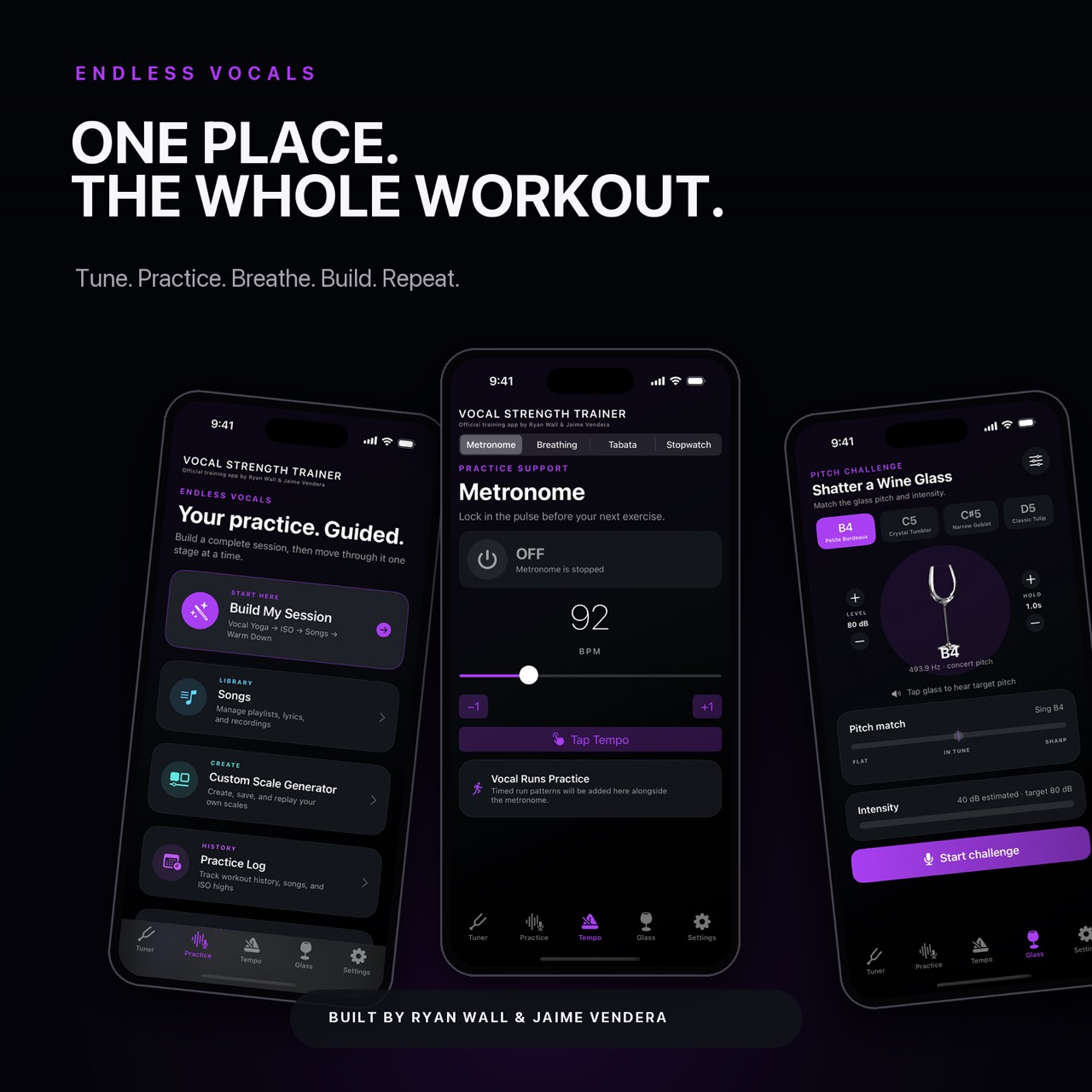 Vocal Strength Trainer showing practice, metronome, and pitch challenge screens